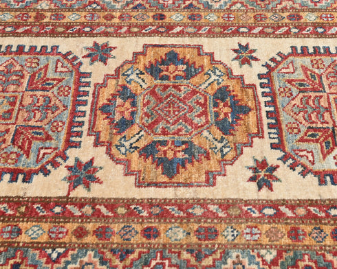 12 Feet Beige Kazak Afghan Hand Knotted Wool Runner Rug